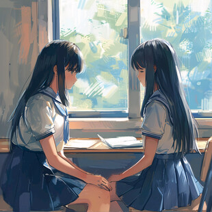 《雪国来信》短片封面，雪夜窗边写信的少女